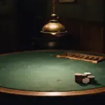 A stack of poker chips sits on a round green-felt gambling table under a hanging metal lamp