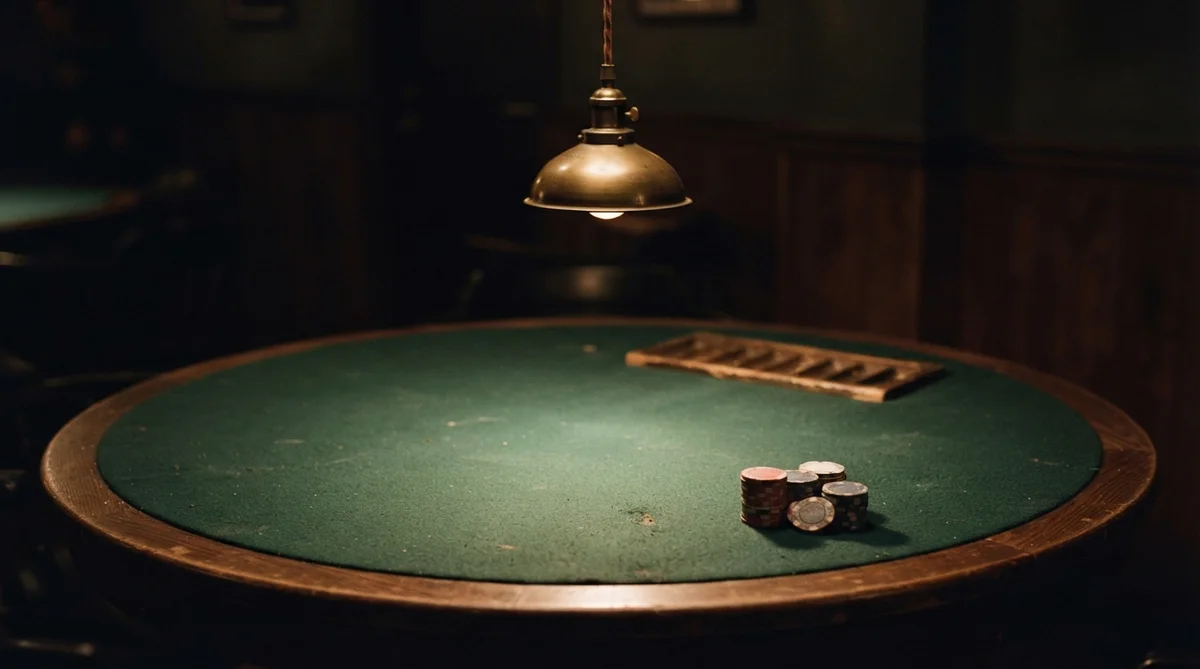 A stack of poker chips sits on a round green-felt gambling table under a hanging metal lamp