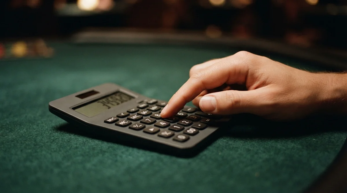 A hand presses a button on a dark calculator resting on a green felt surface