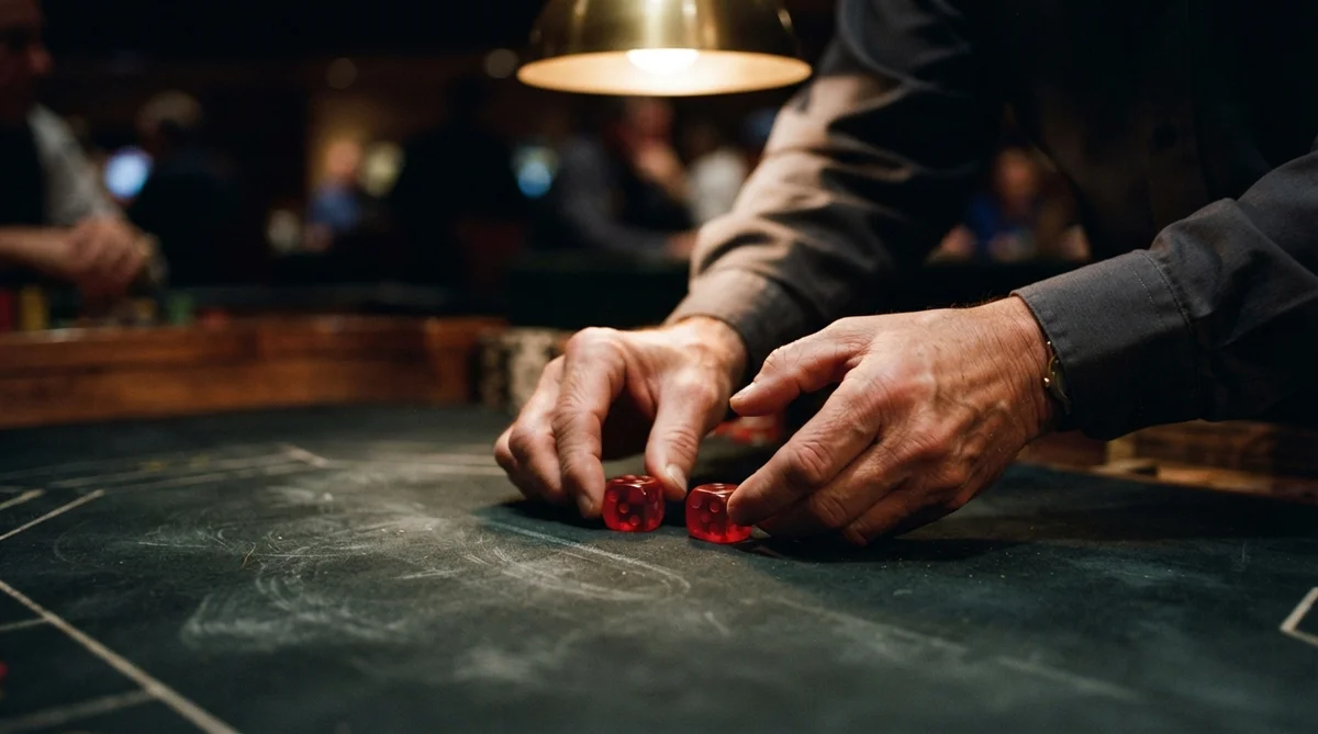 A croupier's hands meticulously examining a pair of unmarked casino dice on dark green felt