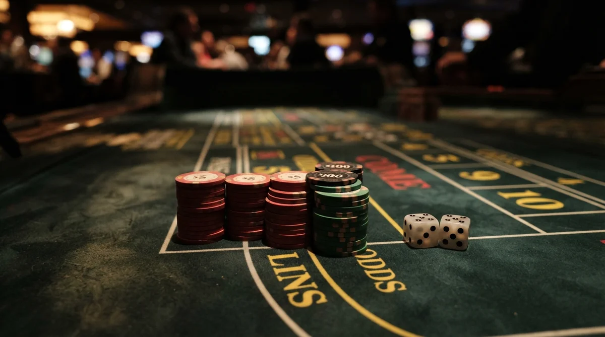 Stacked casino chips and two dice on a dark green craps table, arranged for a pass line odds strategy