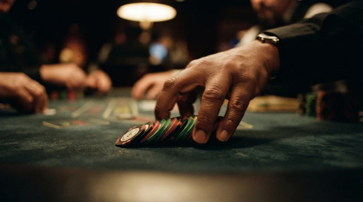 A single hand swiftly sweeps a small, neat stack of casino chips from dark green felt