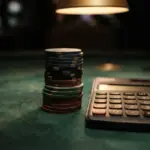 A stack of gambling chips next to a calculator on a green felt table