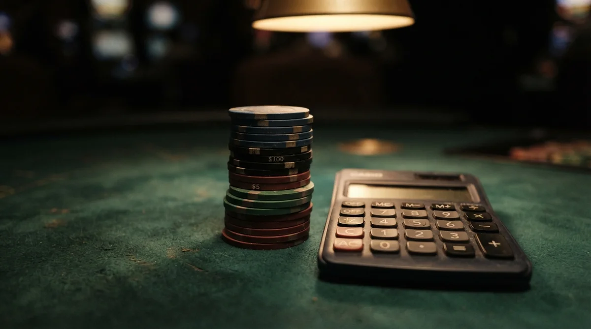 A stack of gambling chips next to a calculator on a green felt table