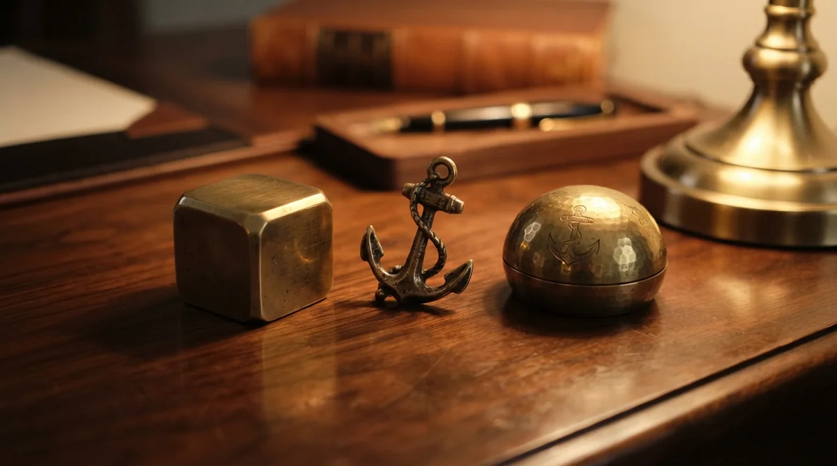 A brass cube, a metal anchor, and a rounded paperweight on a polished wooden desk near a lamp