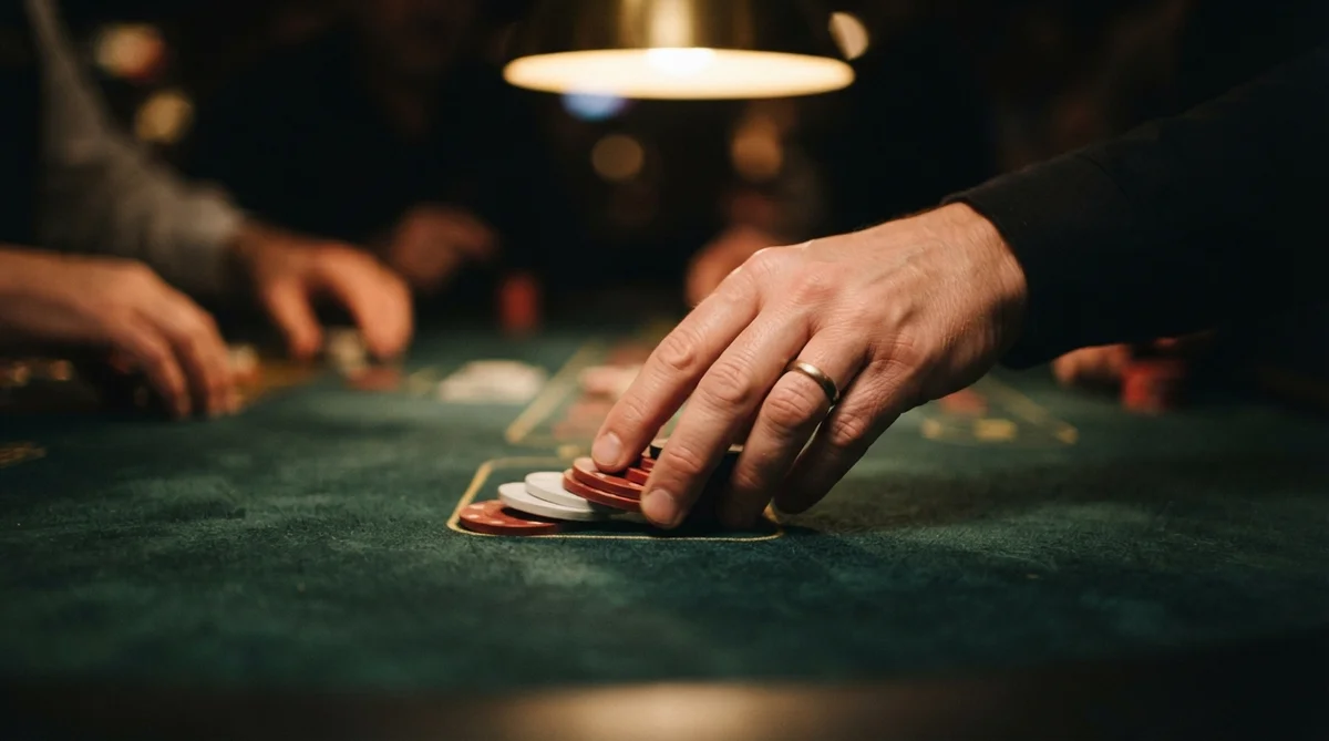 A person's hand with a ring moves a stack of poker chips across a green felt casino table