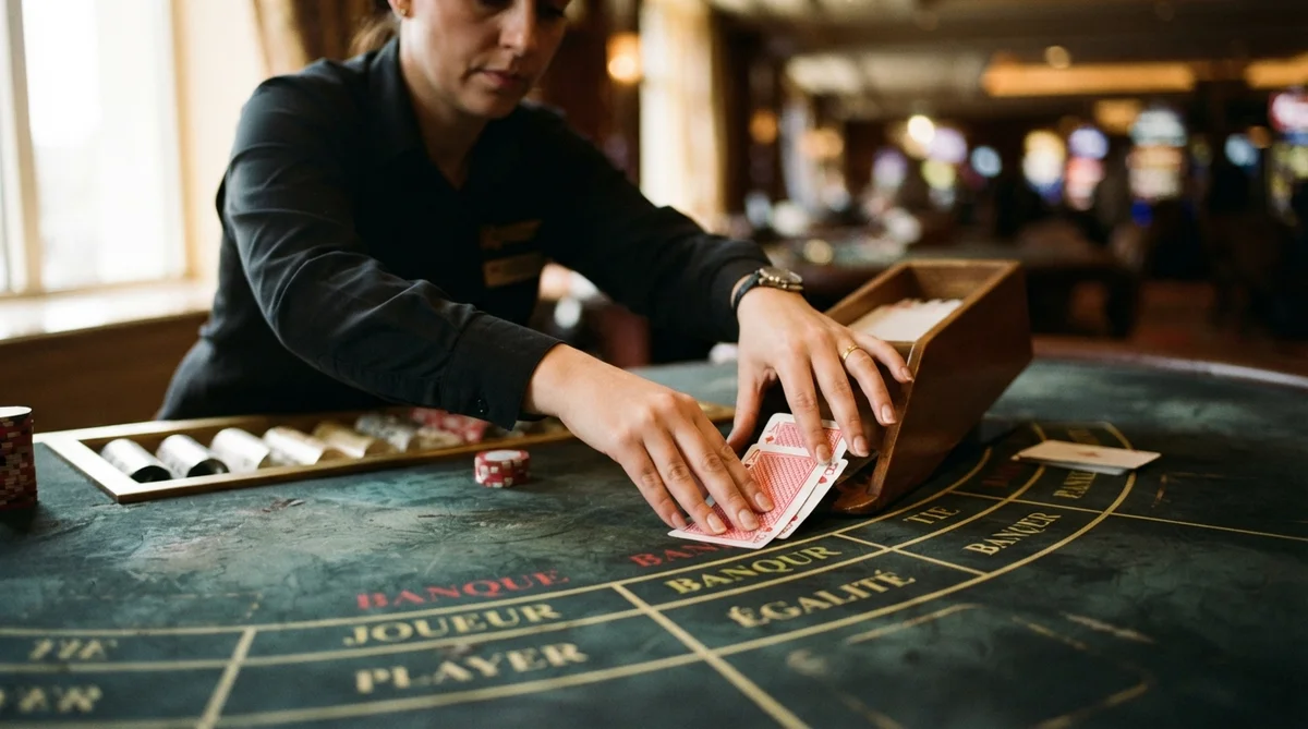 A casino dealer draws cards from a wooden shoe onto a green baccarat table