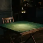 An empty card table with dark green felt under a hanging lamp, low-lit by a single warm light source from above