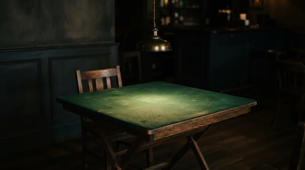 An empty card table with dark green felt under a hanging lamp, low-lit by a single warm light source from above
