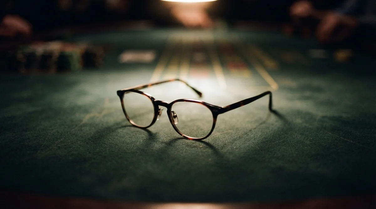 Tortoiseshell eyeglasses sit on a green felt casino table surface