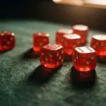 Multiple casino dice scattered across dark green felt baize, captured in a low-angle close-up