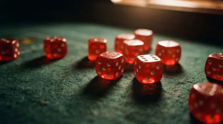 Multiple casino dice scattered across dark green felt baize, captured in a low-angle close-up
