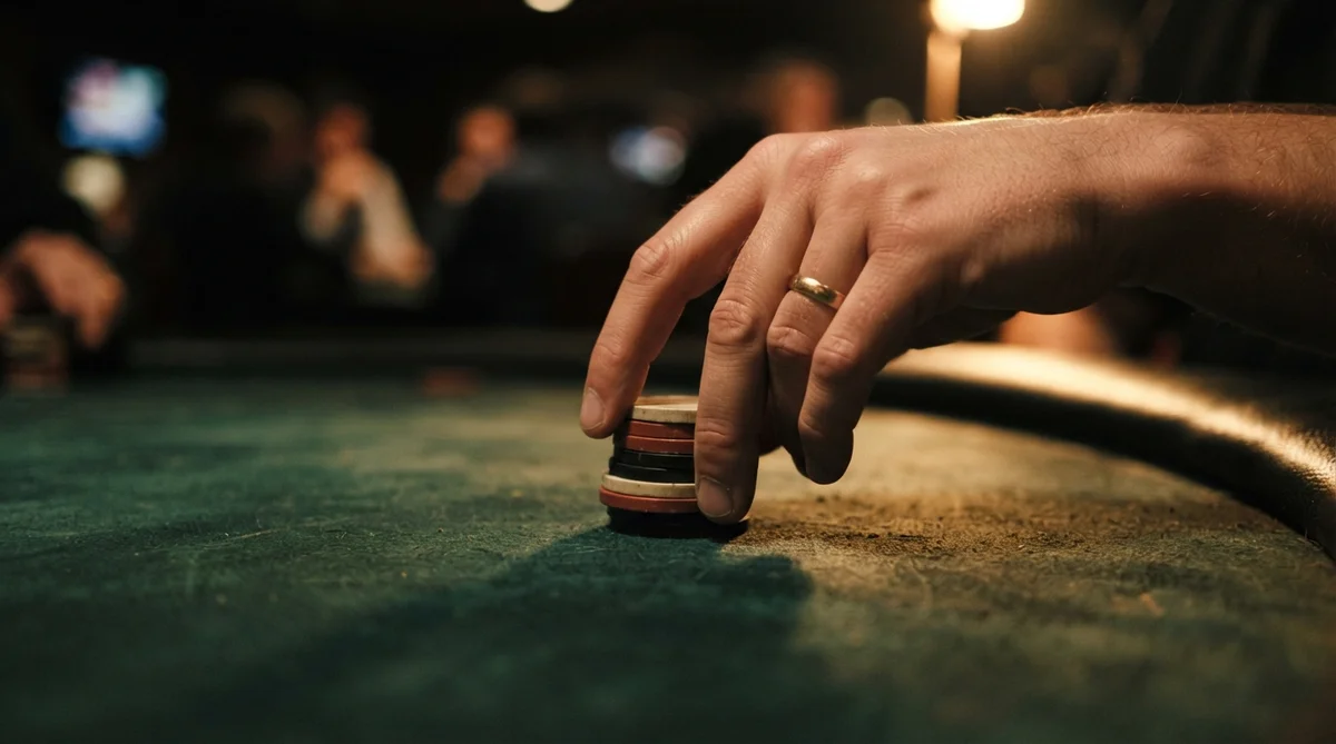 A person's hand with a gold wedding ring rests on a small stack of poker chips on a table
