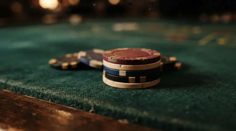 A stack of multicolored casino poker chips rests on a green felt table surface