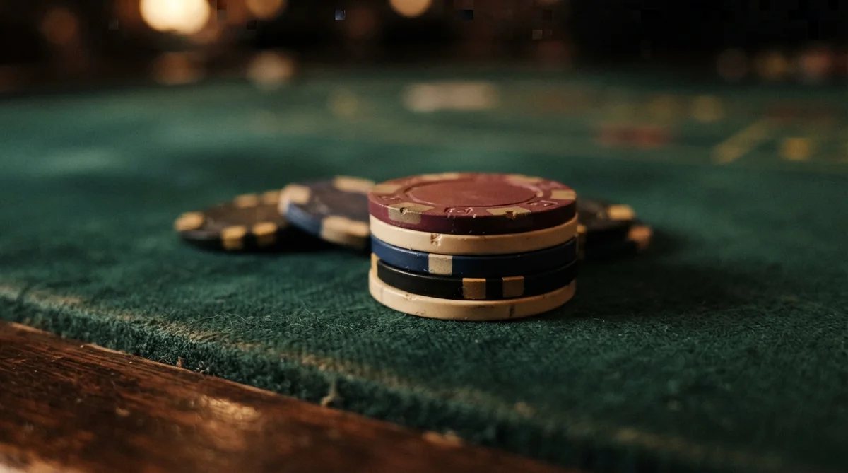 A stack of multicolored casino poker chips rests on a green felt table surface