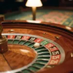 A wooden roulette wheel with a white ball resting on the number four slot inside a casino