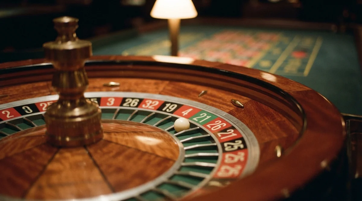 A wooden roulette wheel with a white ball resting on the number four slot inside a casino