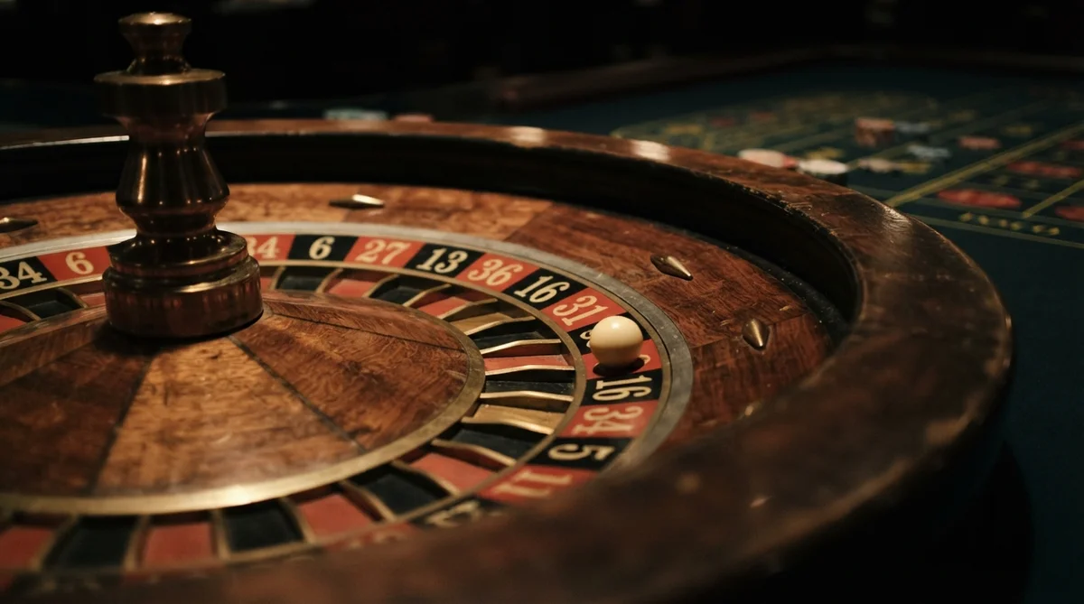 A close-up, low-angle detail of a roulette wheel, emphasizing the numbered pockets and ball track
