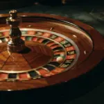 A close-up, slightly overhead view of a roulette wheel's number pockets and inner spinning track