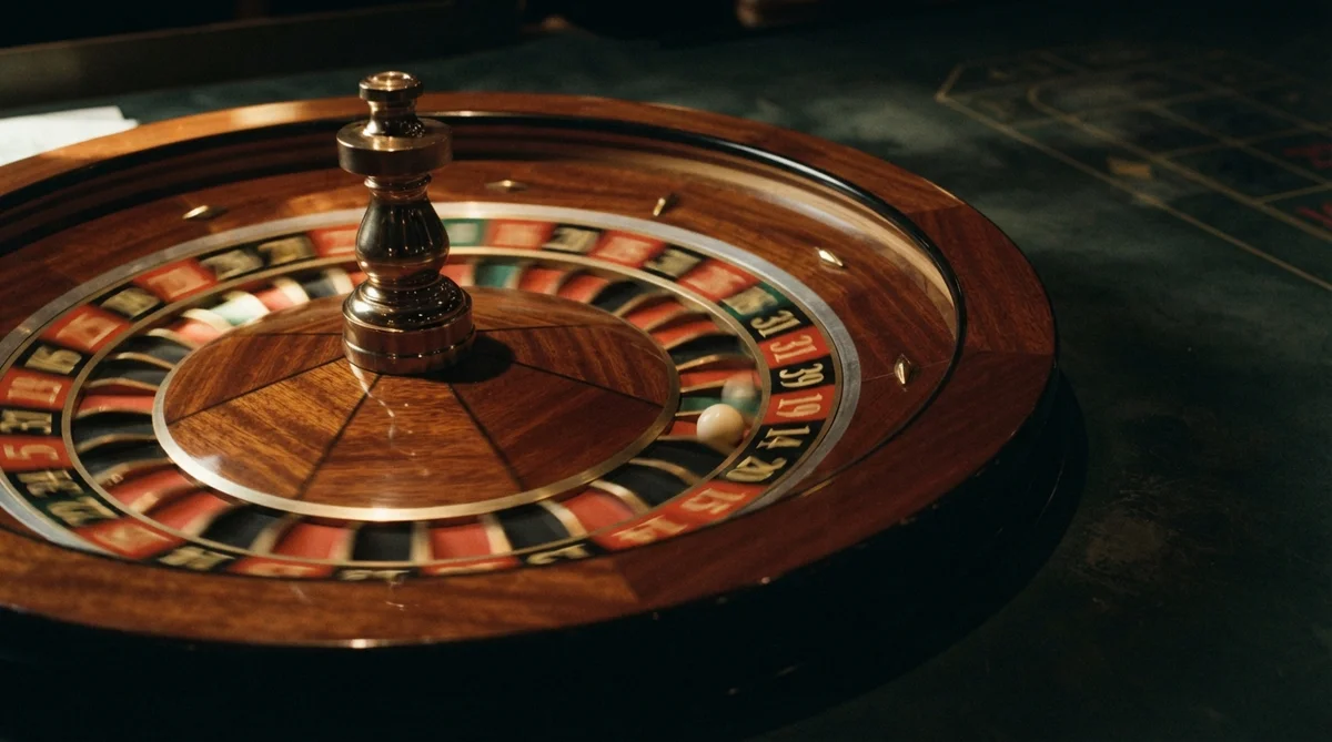 A close-up, slightly overhead view of a roulette wheel's number pockets and inner spinning track
