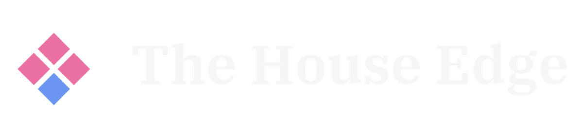 The logo for The House Edge features a diamond composed of three pink squares and one blue square