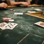 Playing cards and poker chips arranged on a green felt casino table with people's hands visible around it