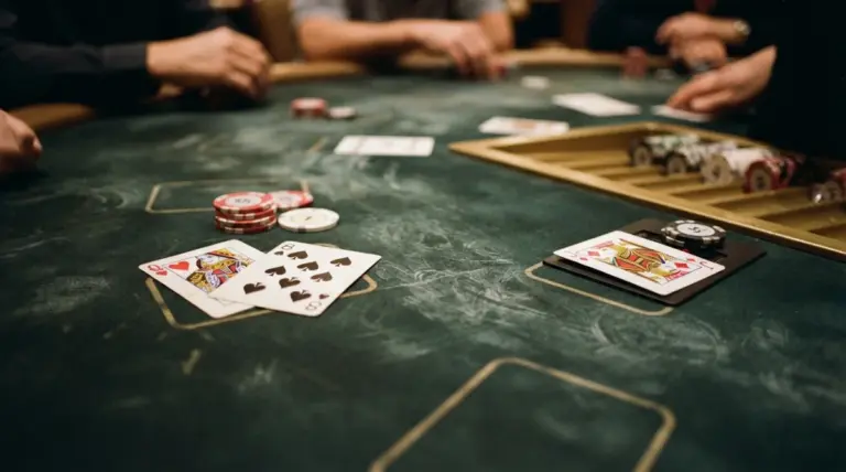 Playing cards and poker chips arranged on a green felt casino table with people's hands visible around it