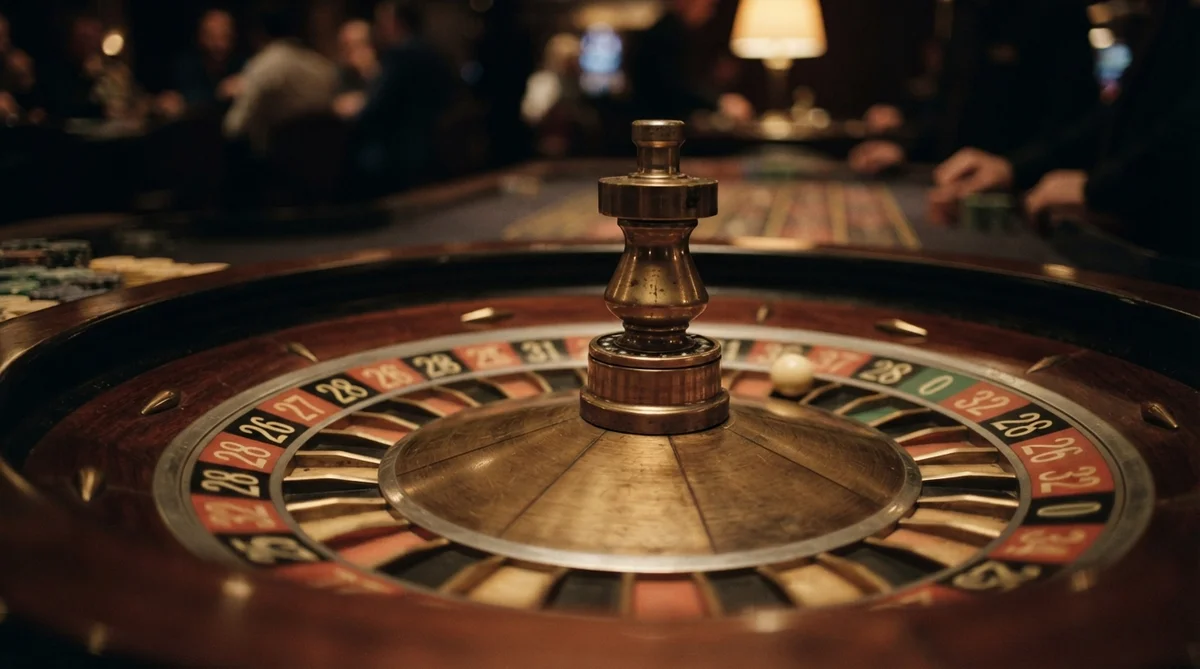 A roulette wheel with a small white ball rests on the numbered track in a dimly lit casino
