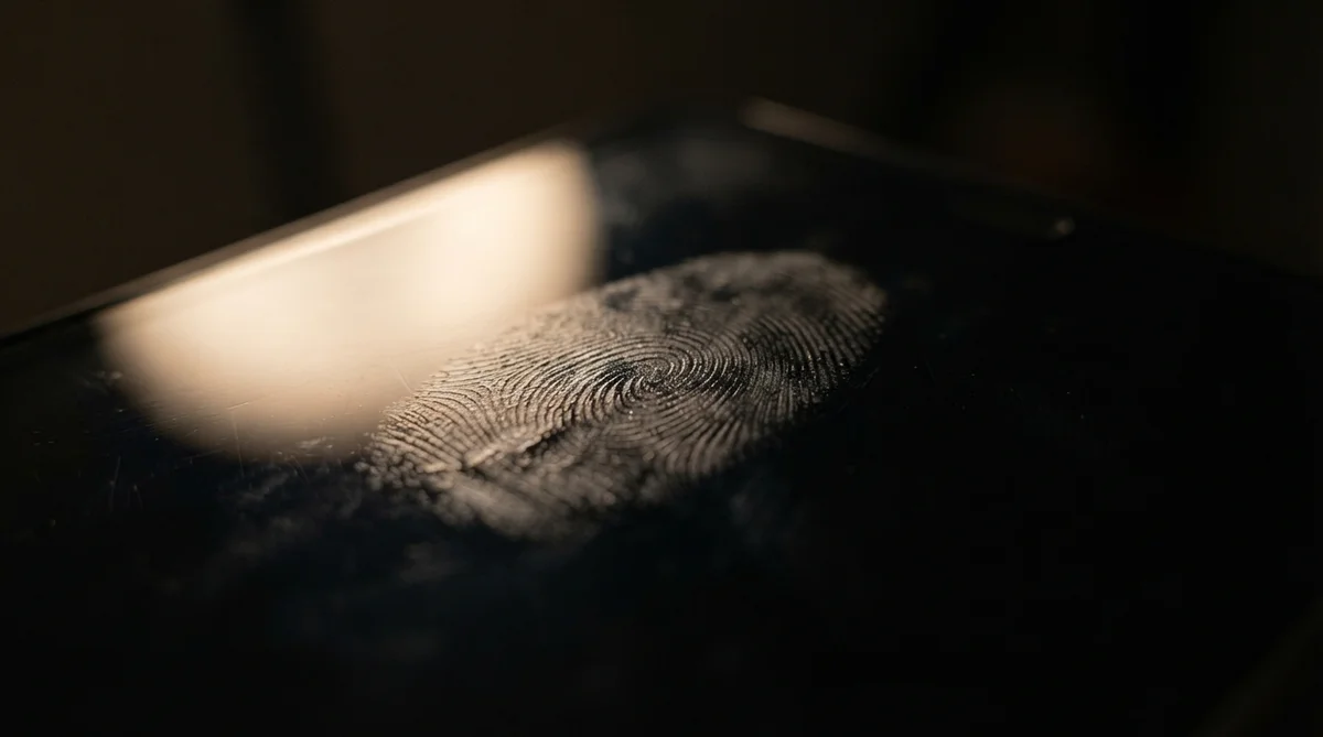 A large, detailed human fingerprint smudged on the dark, reflective surface of a glass screen