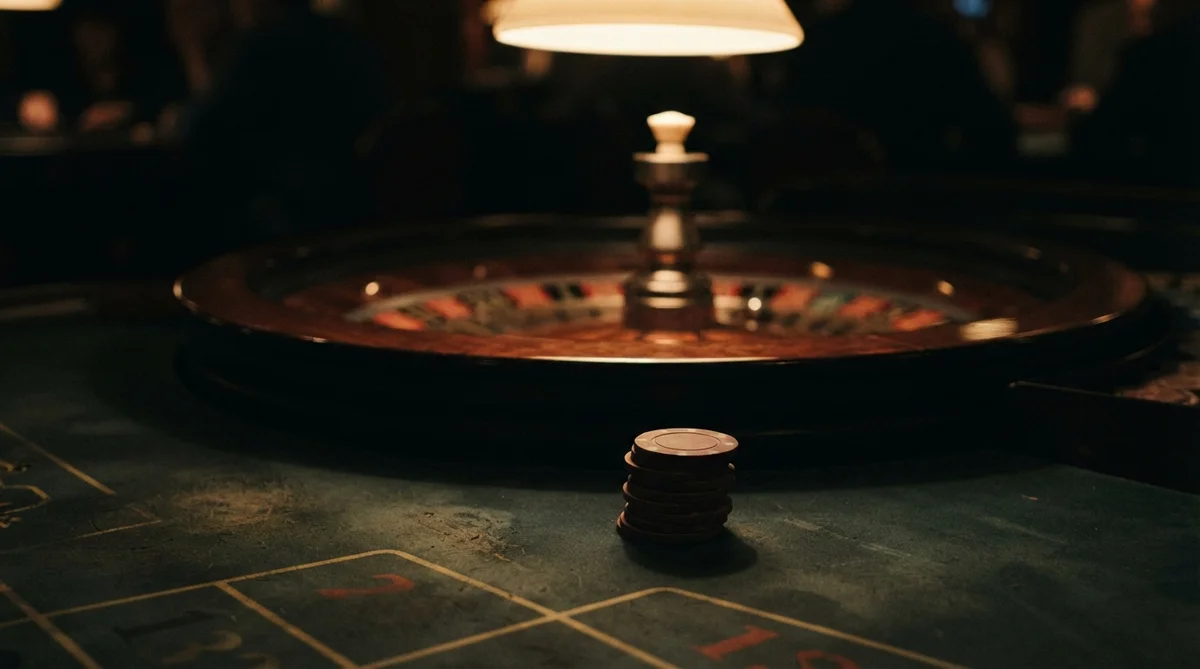 A stack of dark gaming chips sits on a roulette table in a dimly lit casino