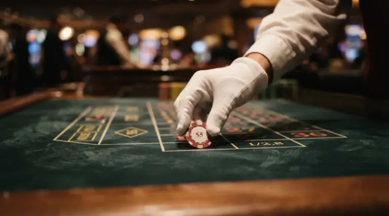 A gloved hand places a five-dollar casino chip onto a green felt roulette betting table