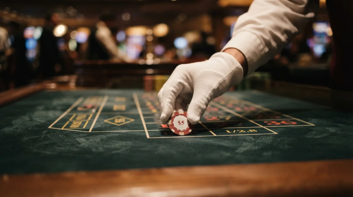 A gloved hand places a five-dollar casino chip onto a green felt roulette betting table