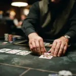 A poker dealer's hands, in sharp focus, carefully placing community cards face-up onto dark green felt