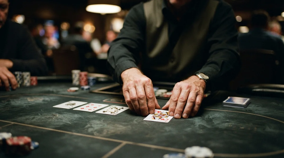 A poker dealer's hands, in sharp focus, carefully placing community cards face-up onto dark green felt