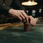 A croupier's hands (no face visible) meticulously arranging a small stack of generic