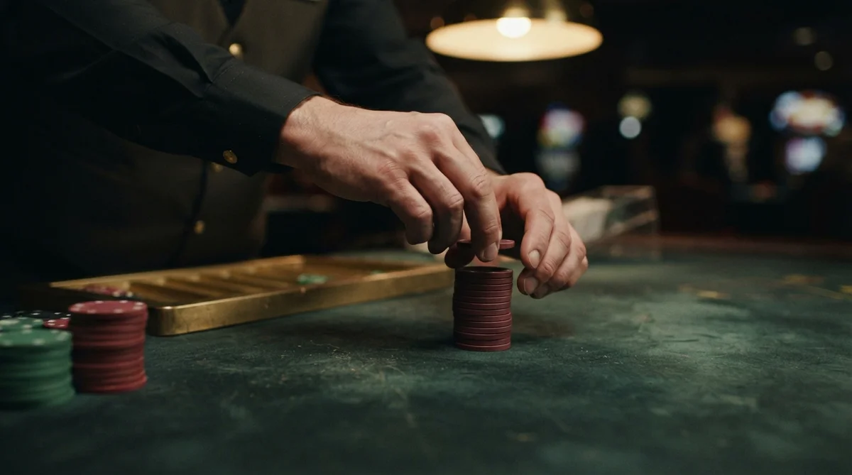 A croupier's hands (no face visible) meticulously arranging a small stack of generic