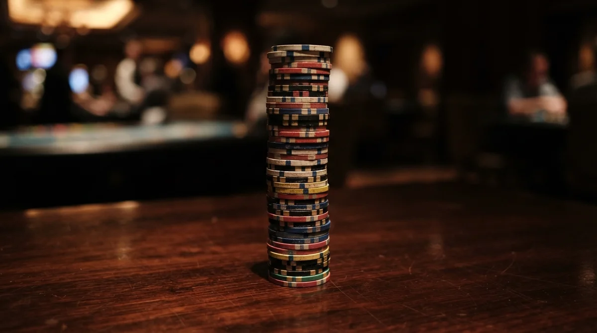 A tall, precisely stacked column of diverse casino chips rests on a dark, polished wooden table
