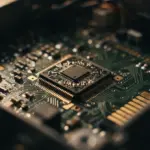A detailed close-up of a central integrated circuit chip on a printed circuit board