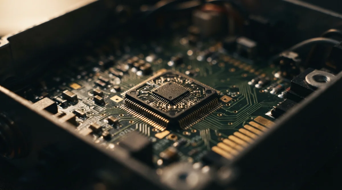 A detailed close-up of a central integrated circuit chip on a printed circuit board